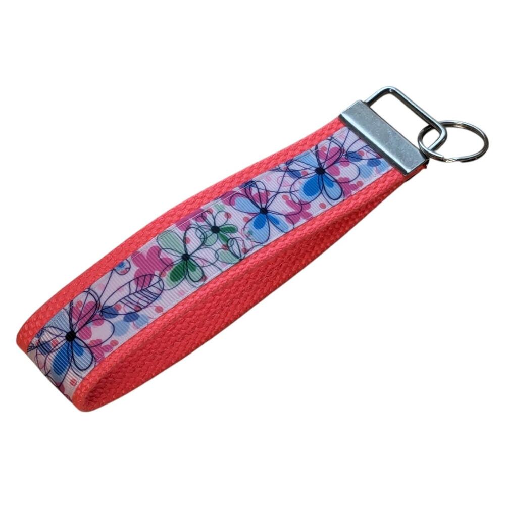 Floral Keychain Wristlet Handmade Boho Fabric Key FOB Sturdy‎ Daisy Flower Neon